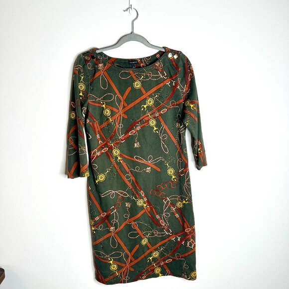 Talbots Olive Green Cotton Equestrian Print Shift Dress Preppy Old Money Sz L - Picture 4 of 7